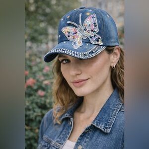 🦋 NWOT! Butterfly Crystals Denim  Cap